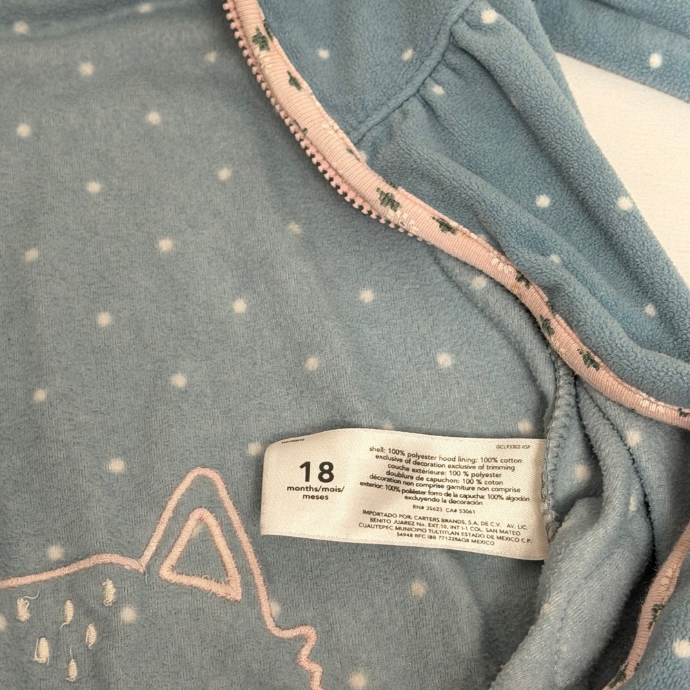 Carters Baby Girl 18M Blue Polka Dot Fleece Hooded Jumpsuit Romper Cat Back Zip - Picture 8 of 8